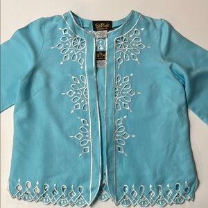 Bob Mackie Wearable Art Aqua Blue Embroidered Linen Blend Jacket & Tank Sz M